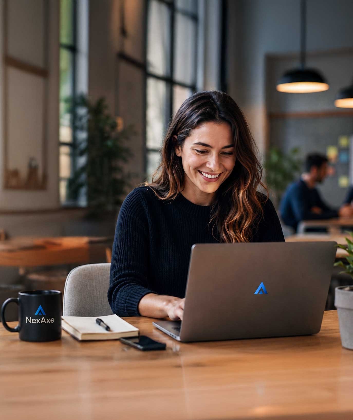 NexAxe team member working at a modern workspace with the NexAxe brand
